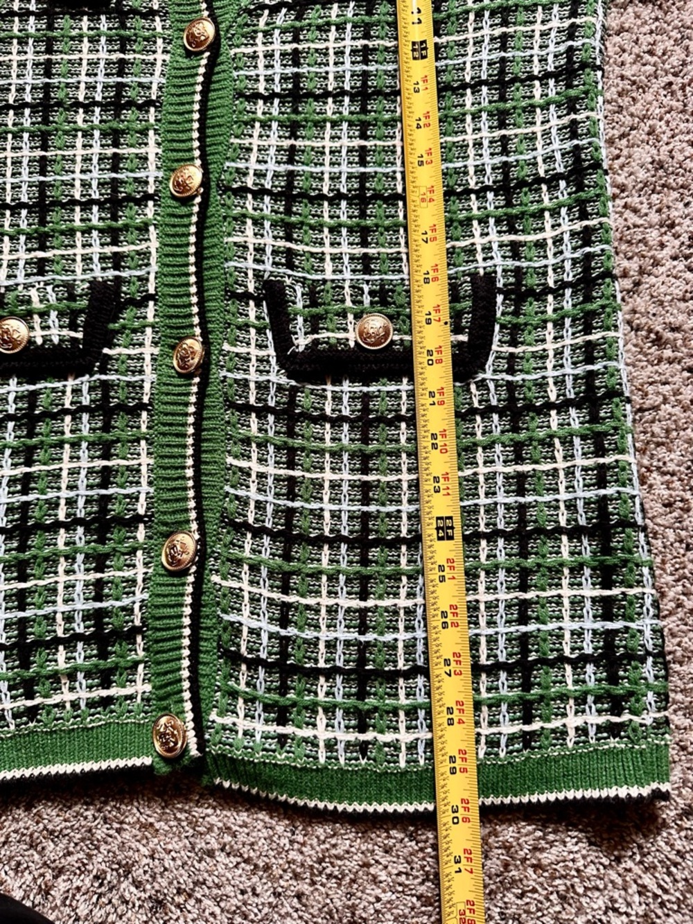 Mango Green Plaid Tweed Cardigan Blazer with Gold Buttons - Picture 6 of 6